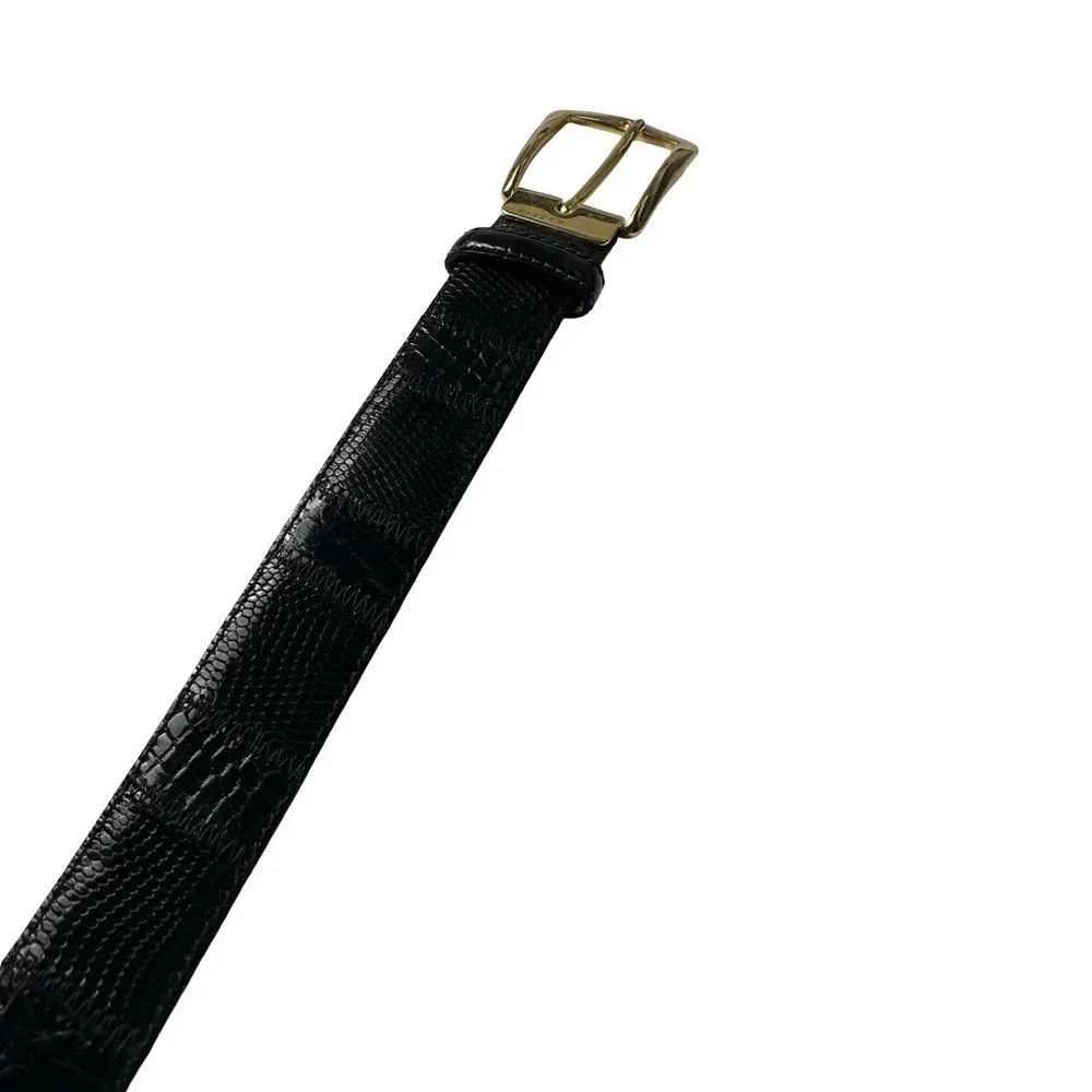 Bespoke Black Crocodile Lizard Patchwork Mens Belt Brass Buckle Size 36 NWOT